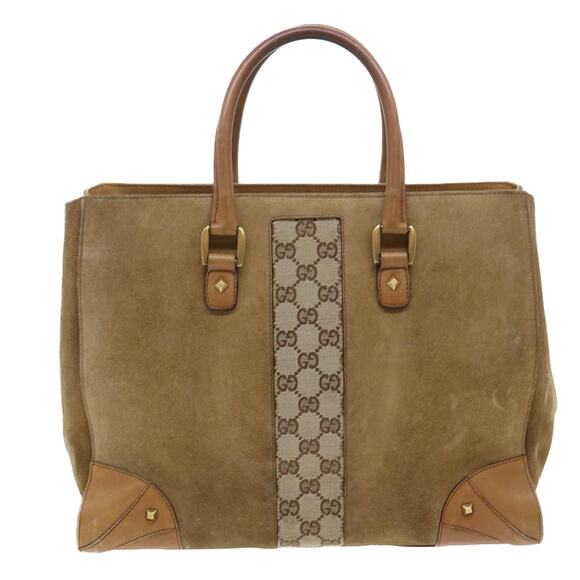 GUCCI Beige Canvas Nailhead Suede Tote with Dustbag 2000's Model 120897 - Picture 3 of 16